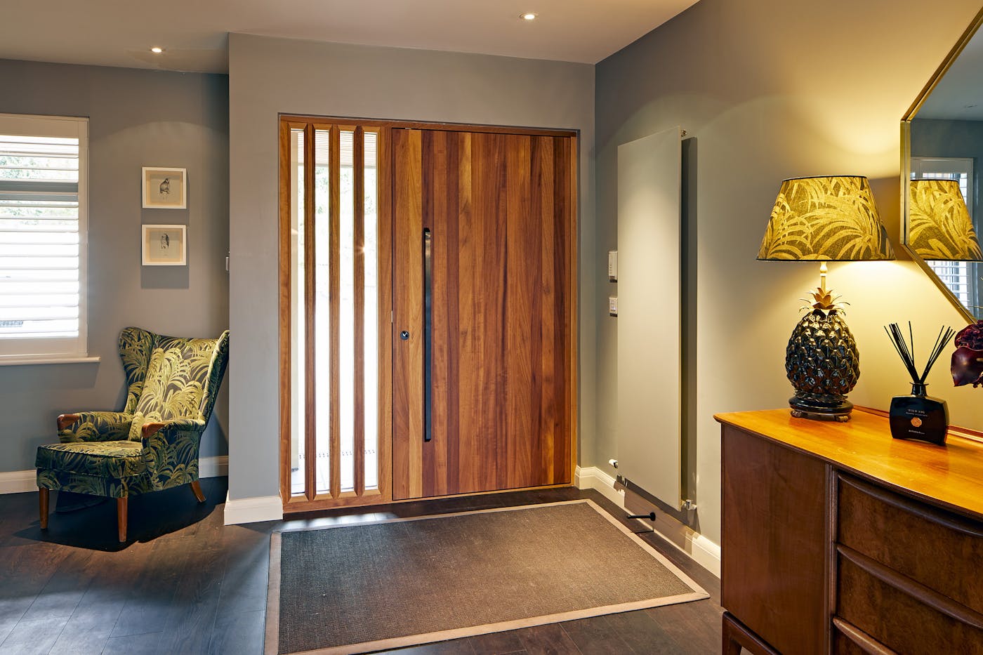 The unique "Ridge" raised panel design detail can be seen on the glass sidelight 