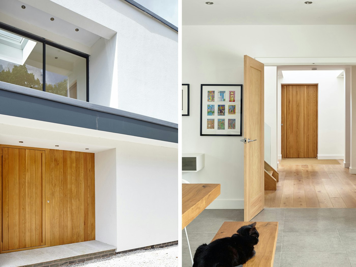 The simple colour scheme of this white rendered house allows for a theme of natural oak hardwood from the front door and throughout the interior