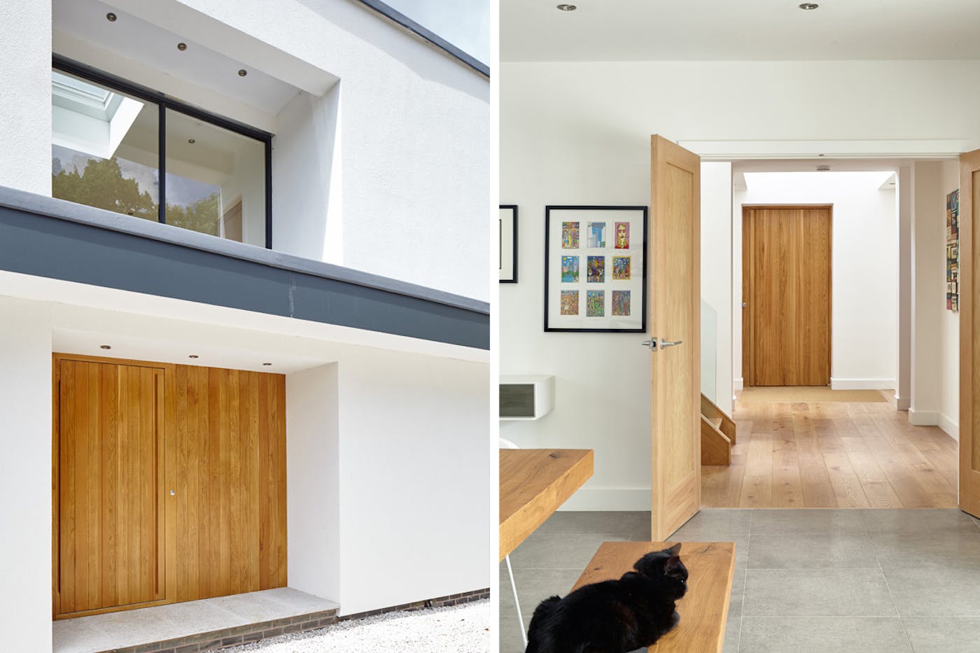 The simple colour scheme of this white rendered house allows for a theme of natural oak hardwood from the front door and throughout the interior