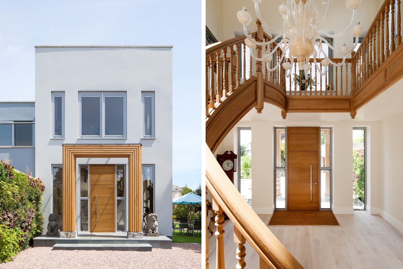 In this case, the house owner decided to keep their styling scheme simple and to match their front door with their oak staircase