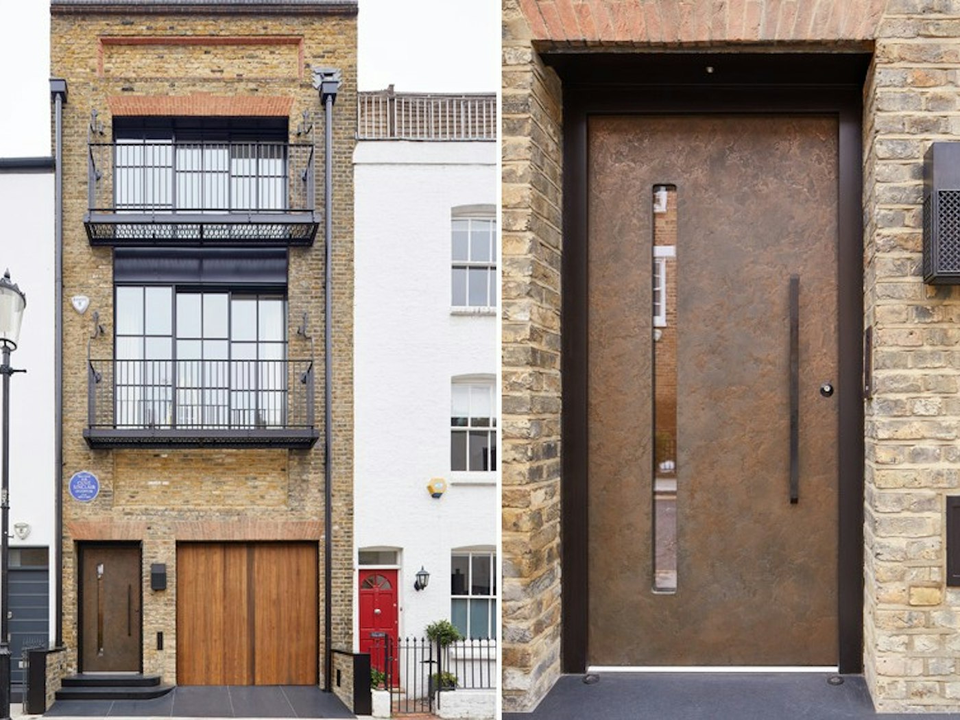The bronze door with the light brick and grey loft style windows work really well in this London terraced house.