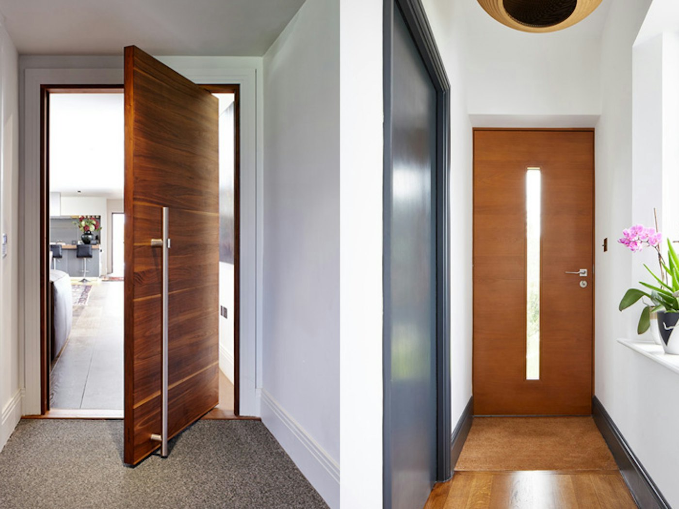 a gorgeous example of an internal pivot and on the right the internal doors match the skirting whilst the front door is a different style and colour