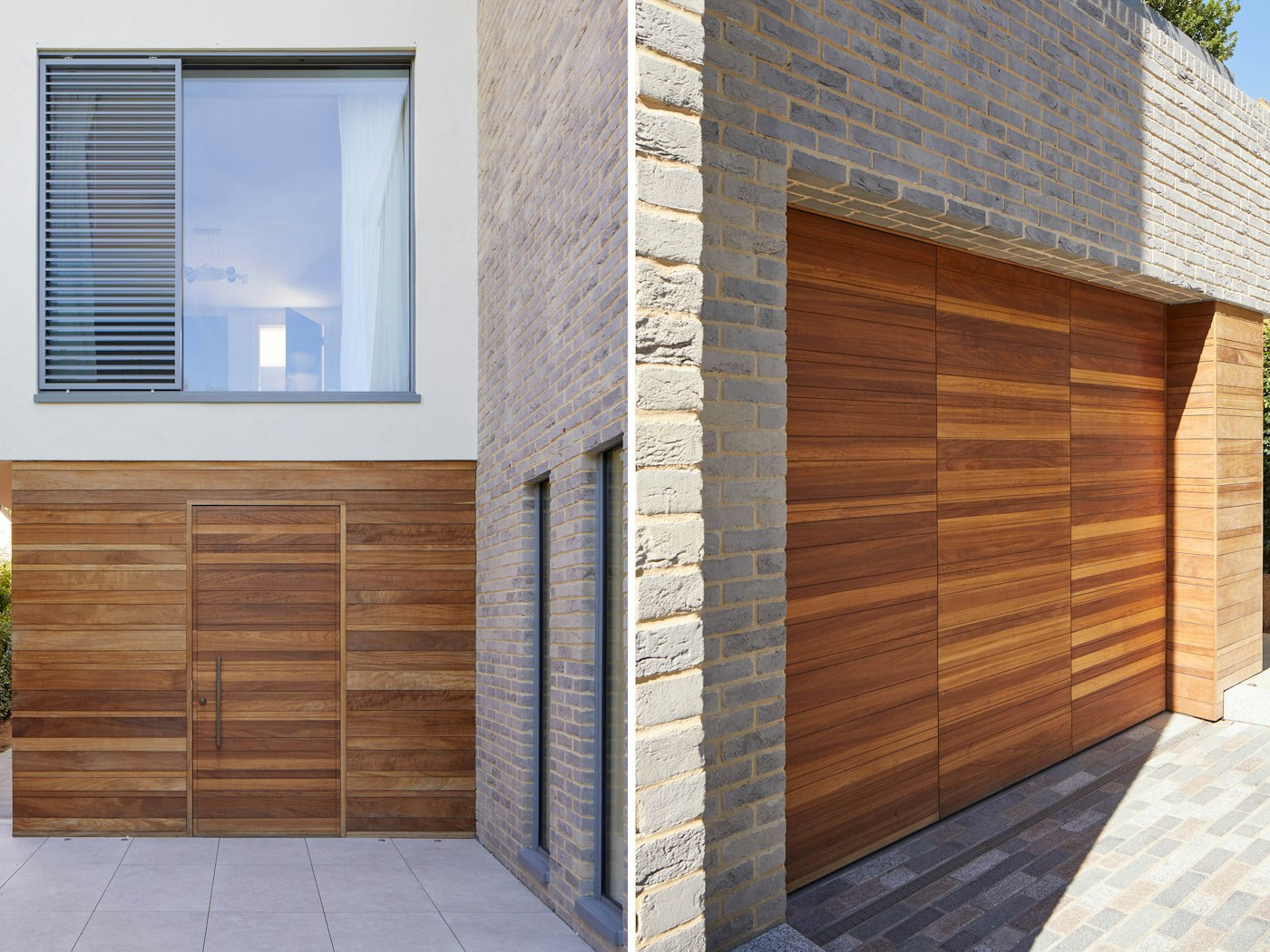 Side door Raw e80 hinged in Iroko and automated up-and-over garage