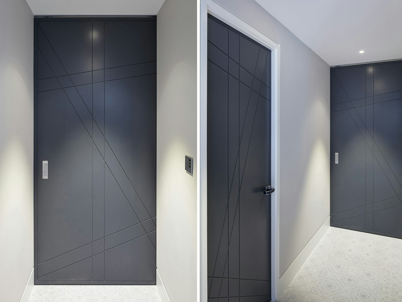The geometric design on the "Root" internal doors works perfectly with the dark grey finish 