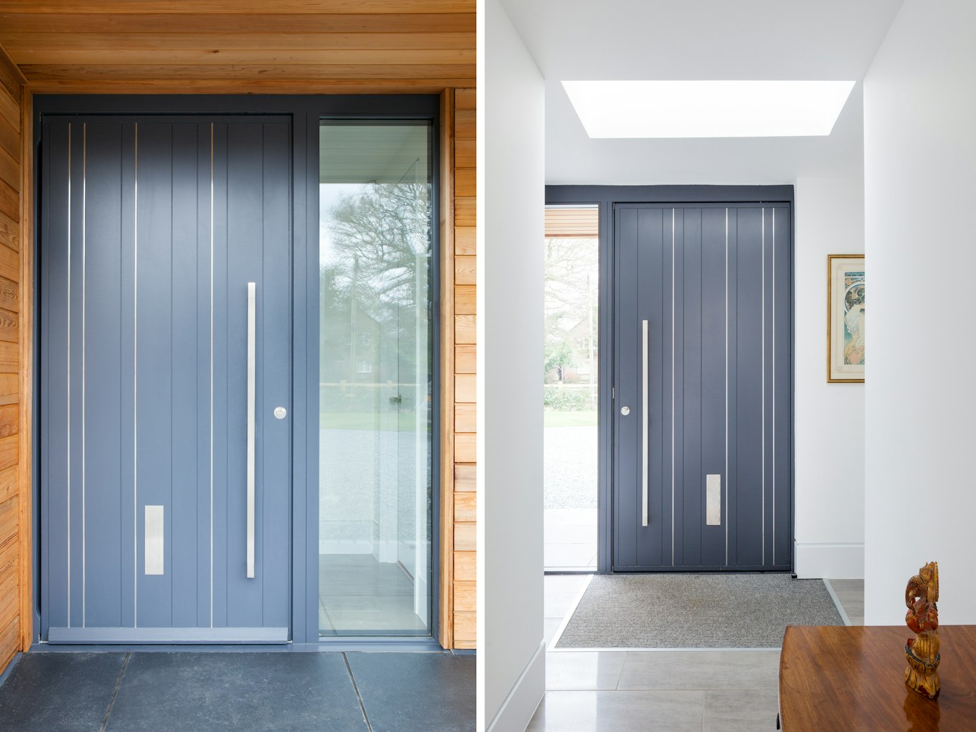 The stainless steel strips in the contemporary grey door add drama