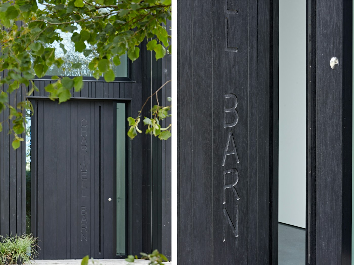 With minimalism a definite feature, this door also features sleek house name etching on the ebony oiled wood door