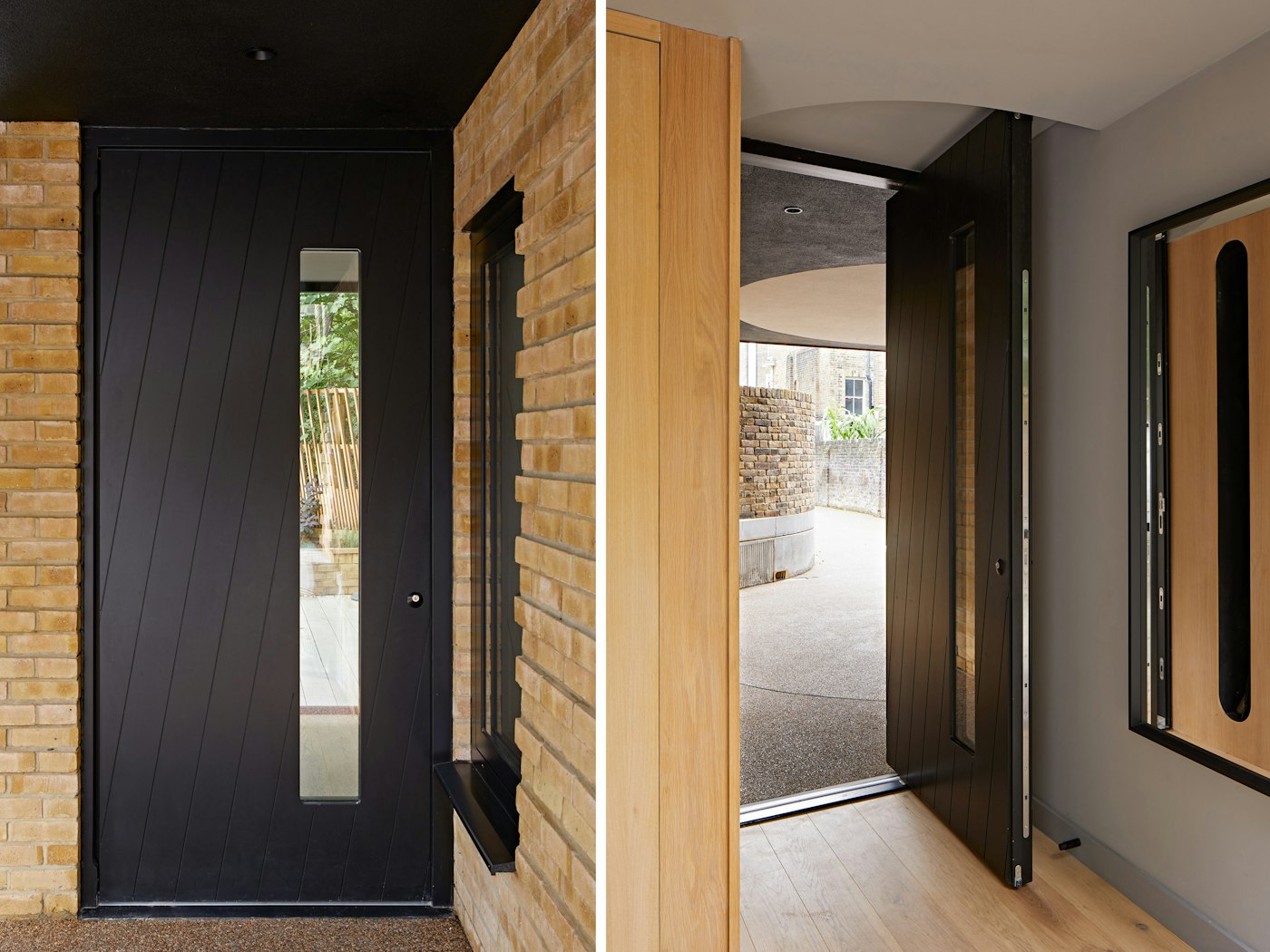 Interesting diagonal grooves offer a twist of design style on this modern black front door