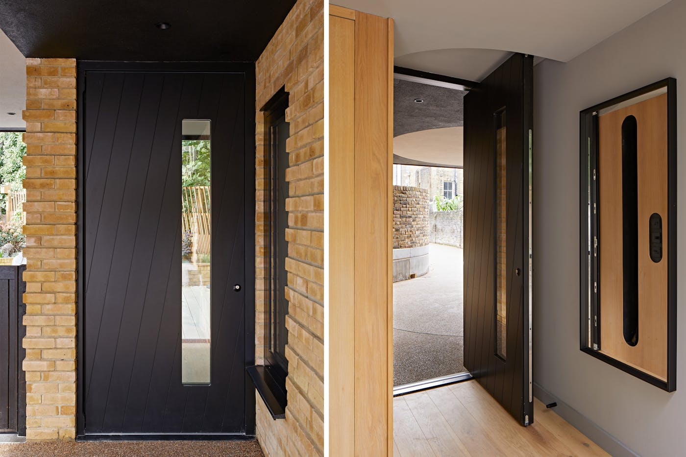 Interesting diagonal grooves offer a twist of design style on this modern black front door