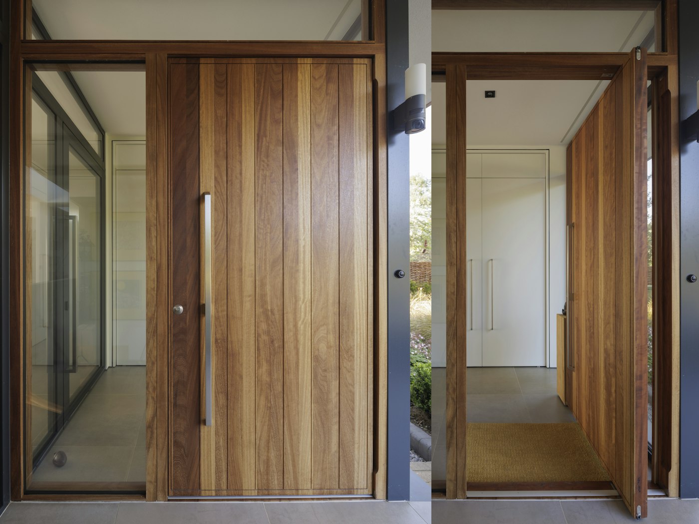 Our Porto design with a pivot opening and surrounded by glass - this entrance makes a modern statement