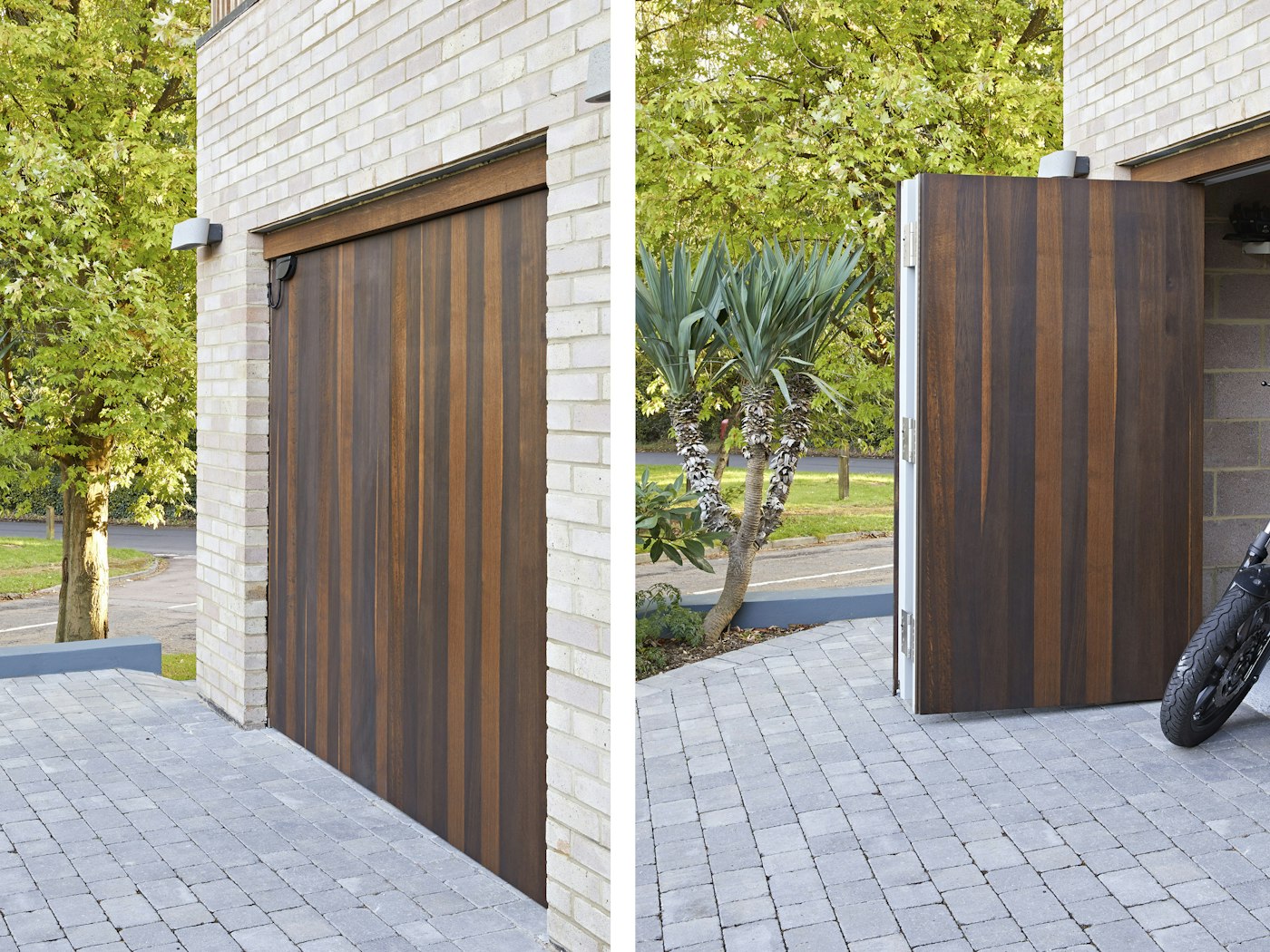 The garage door, though small, brings impact and cohesion having been crafted from the same fumed oak 