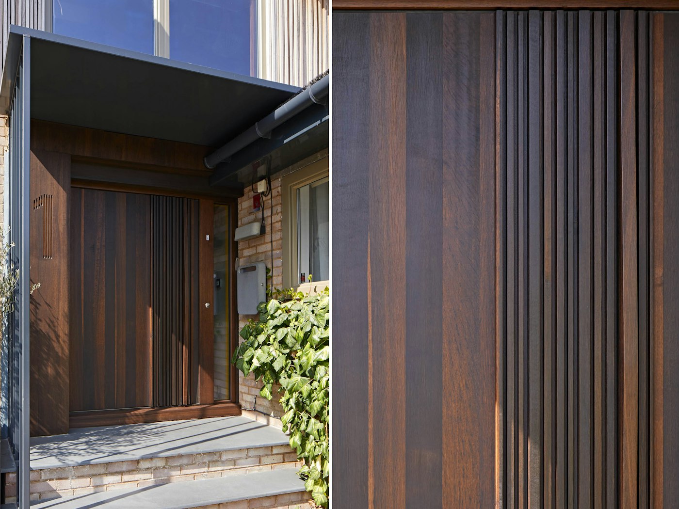 The "Bari" front door in rich fumed oak features unique raised elements that blend perfectly into the concealed wooden handle