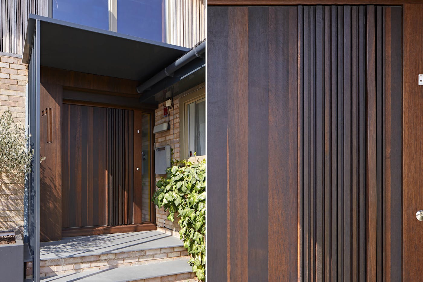 The "Bari" front door in rich fumed oak features unique raised elements that blend perfectly into the concealed wooden handle