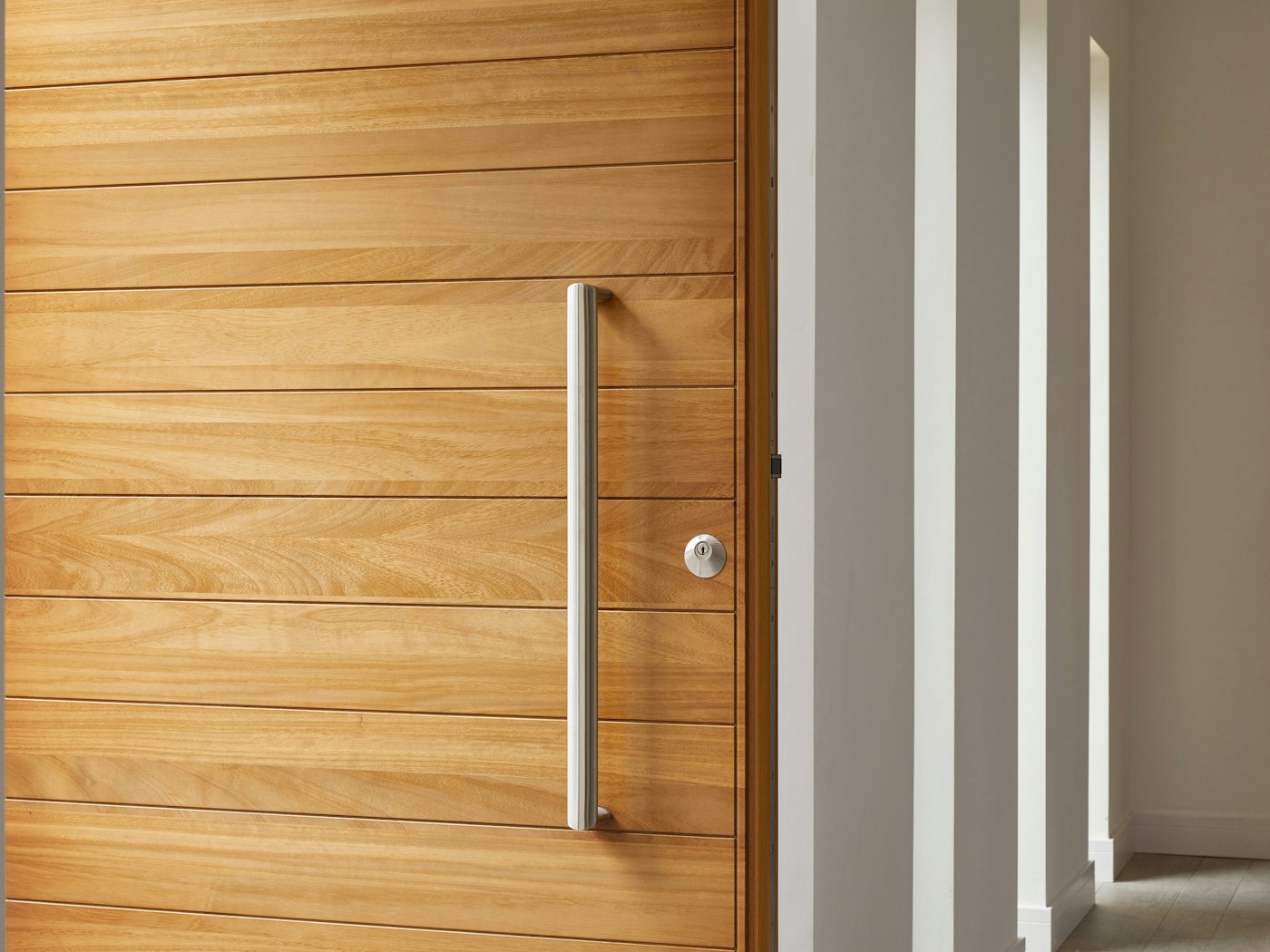 The iroko wood door in a detailed close up