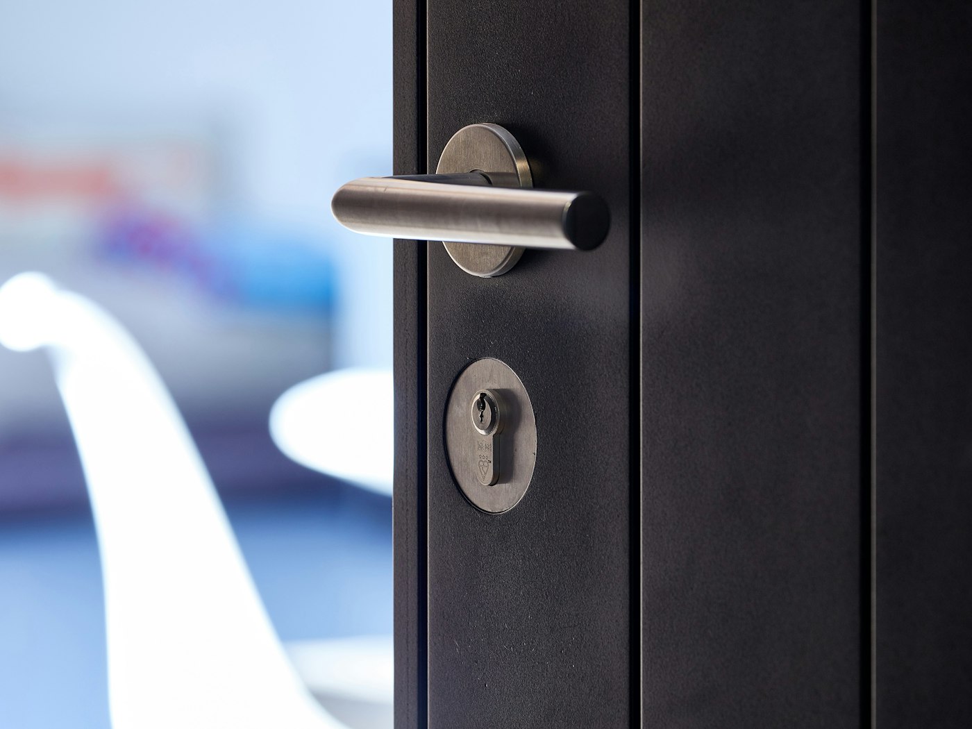 A stainless steel lever handle complements the black painted door