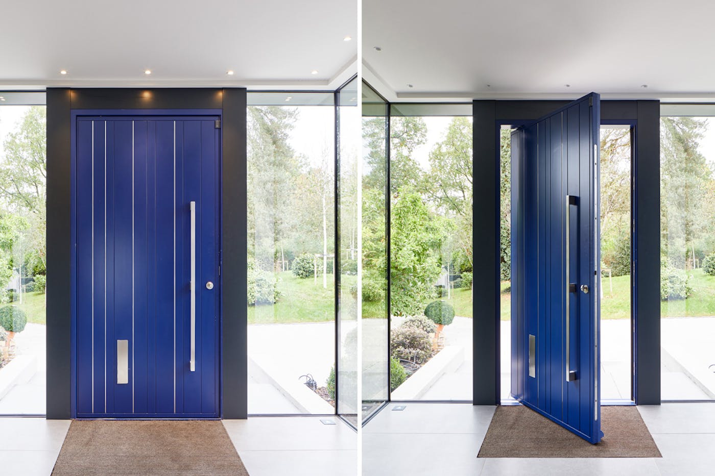 Blue pivot door | Open & closed view | Urban Front