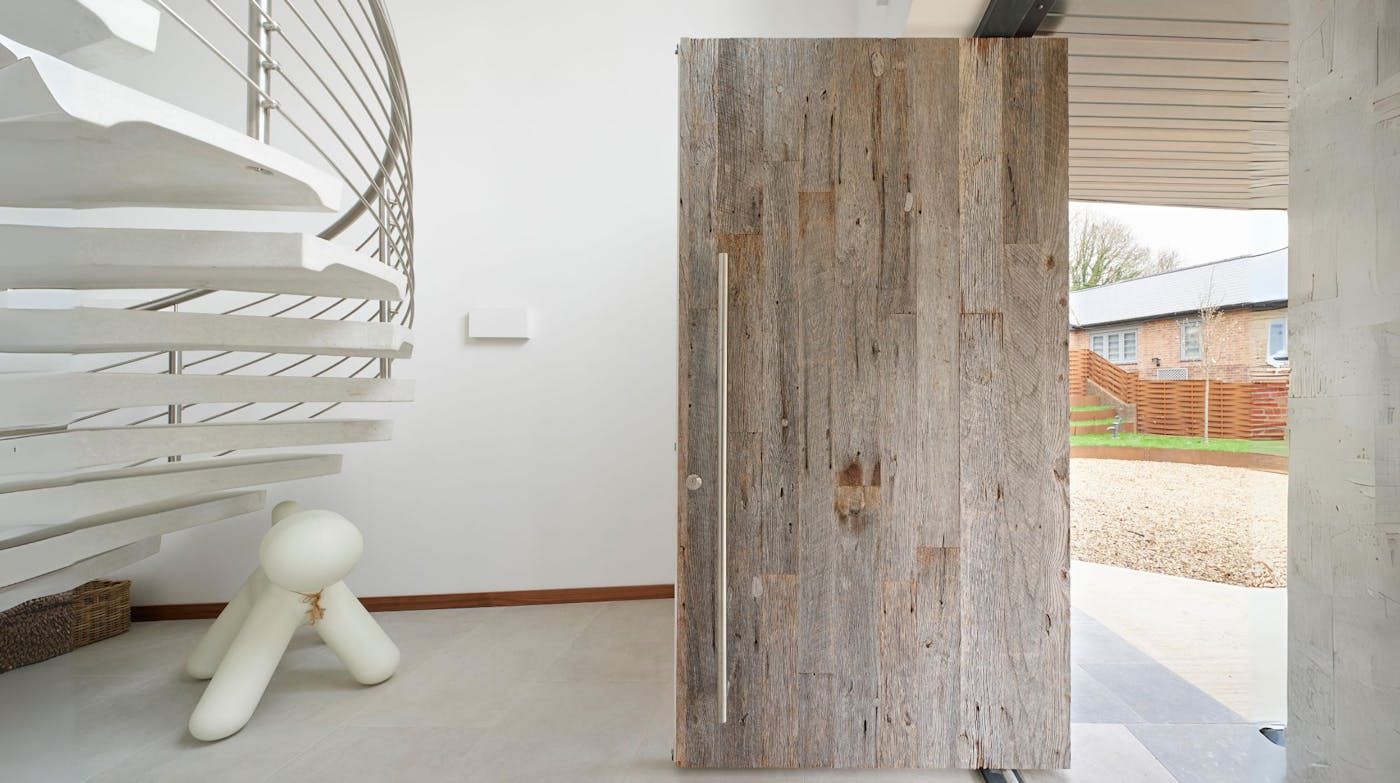 Pivot door in reclaimed barn wood and option 18 handle