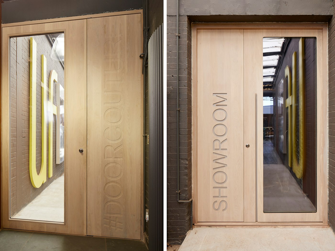 The Urban Front showroom door is a bespoke version of the "Ice" design (created in whitewashed oak with a corian inlay)
