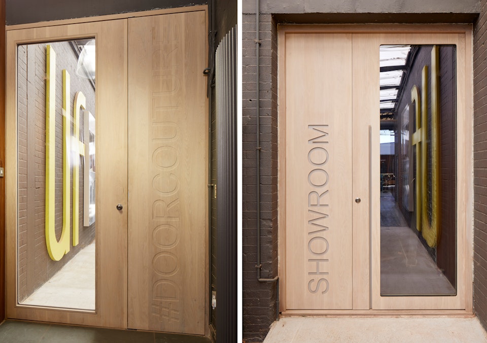 The Urban Front showroom door is a bespoke version of the "Ice" design (created in whitewashed oak with a corian inlay)