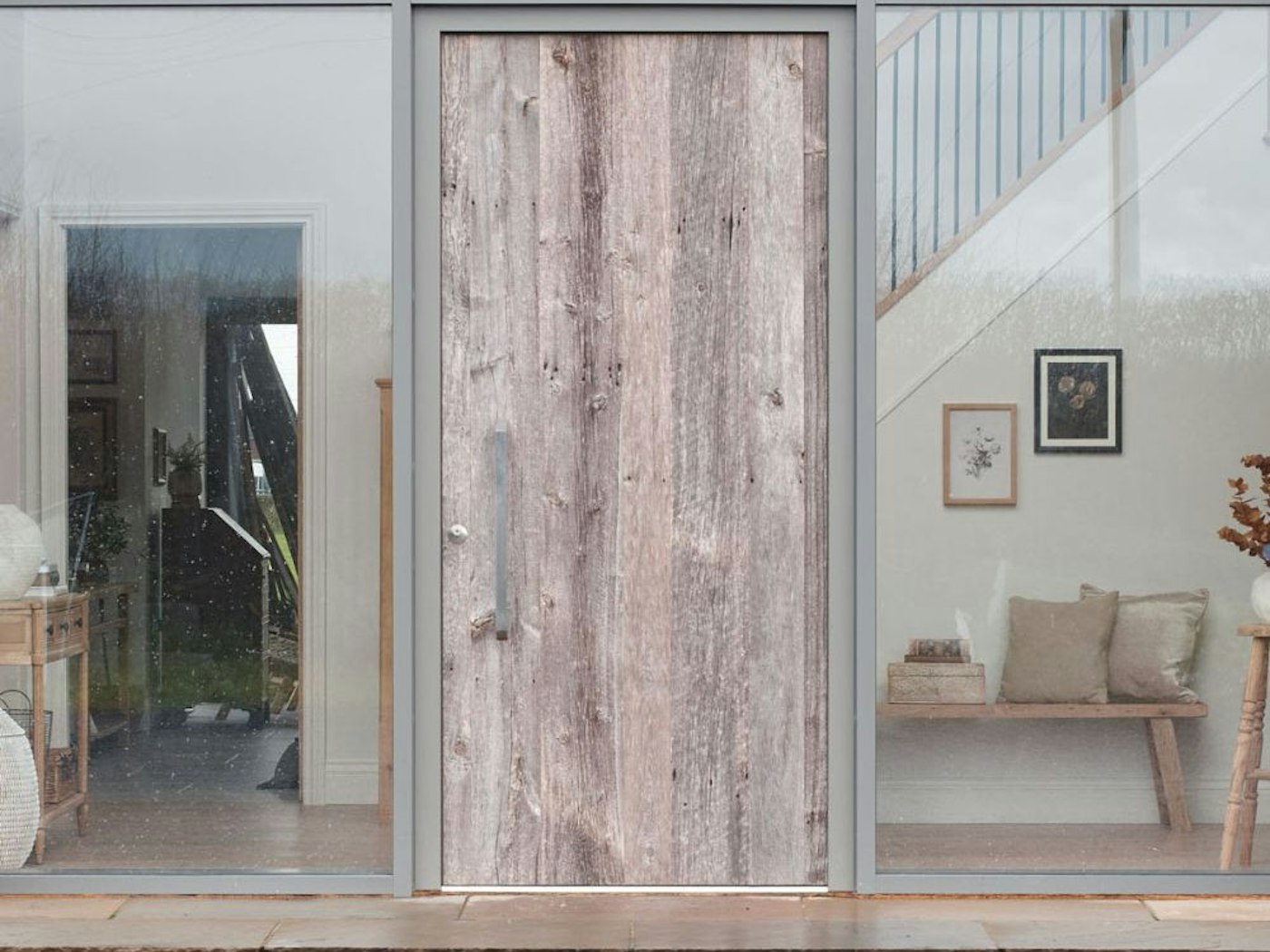 Barn door with stainless steel handle