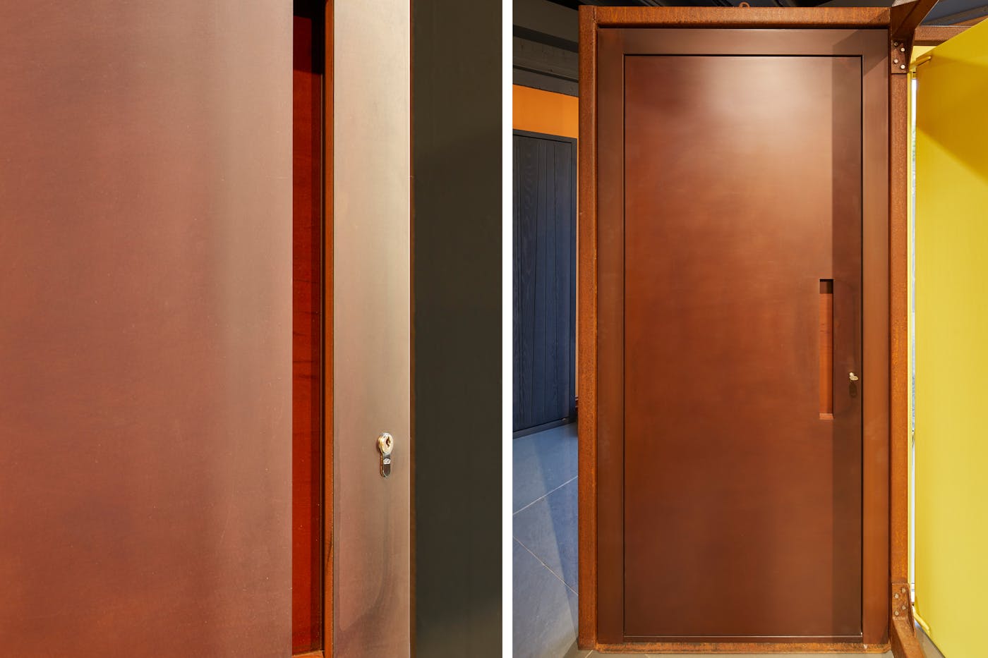 "Raw" steel corten front door, with concealed handle