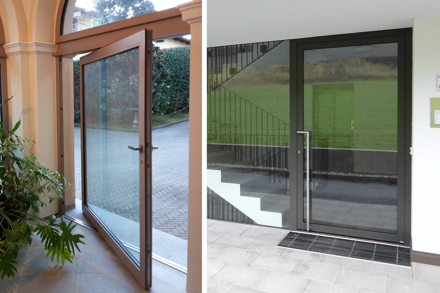 "Ice" steel front doors in rust (l) & RAL painted black (r)