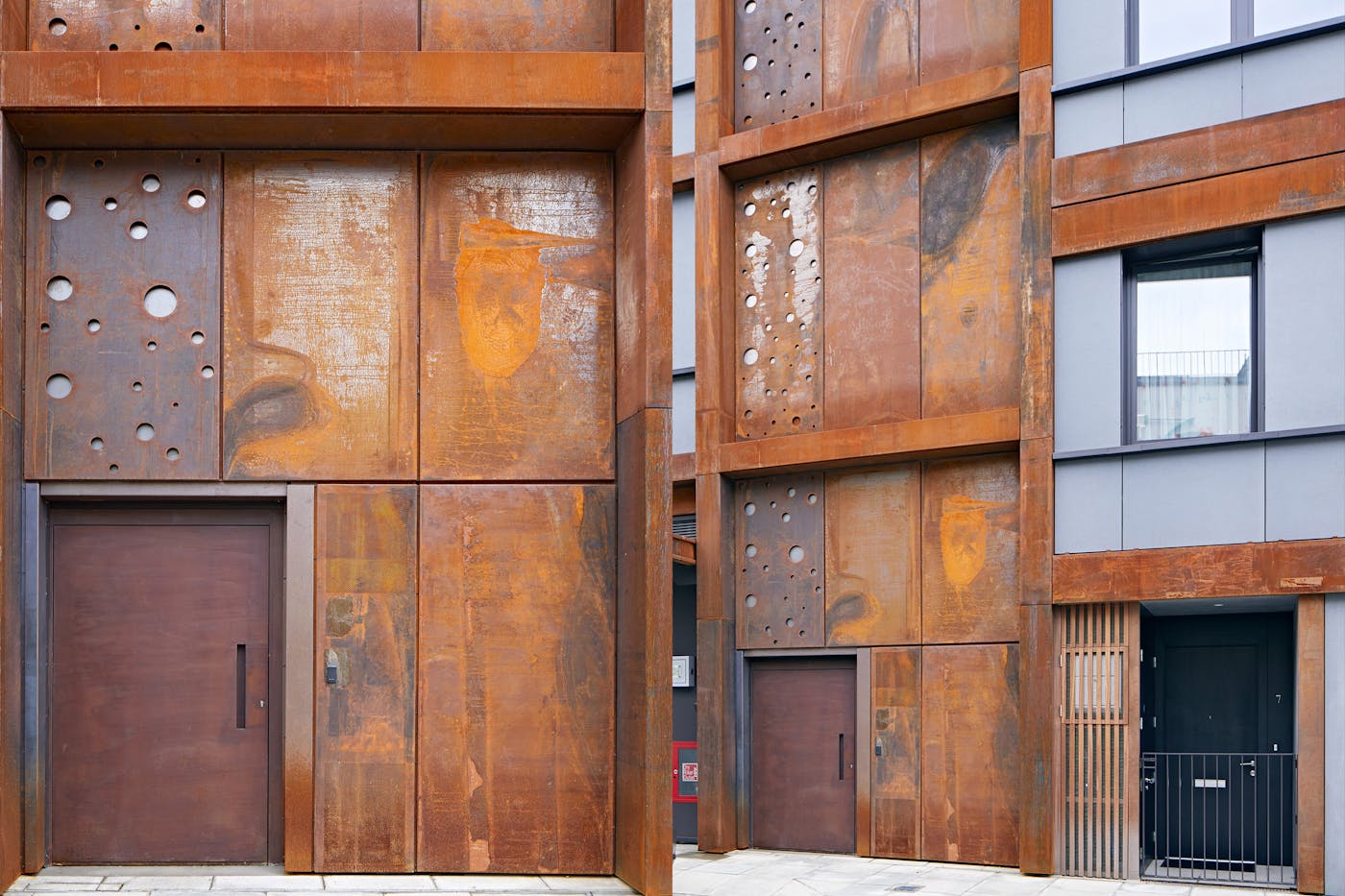 This large steel door fits perfectly with the mixed industrial aesthetic of the building
