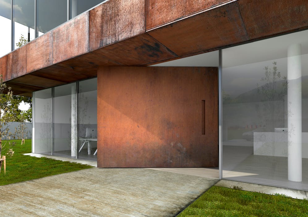 "Raw" extra wide front door in rust, with concealed handle