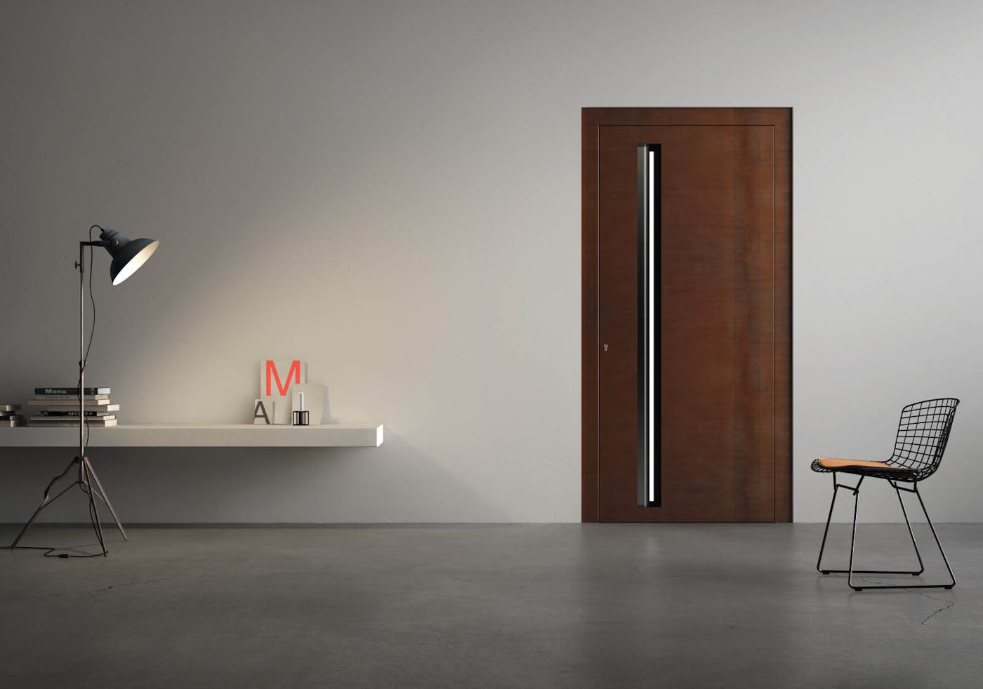 "Terano" steel front door in rust, with L-shaped handle