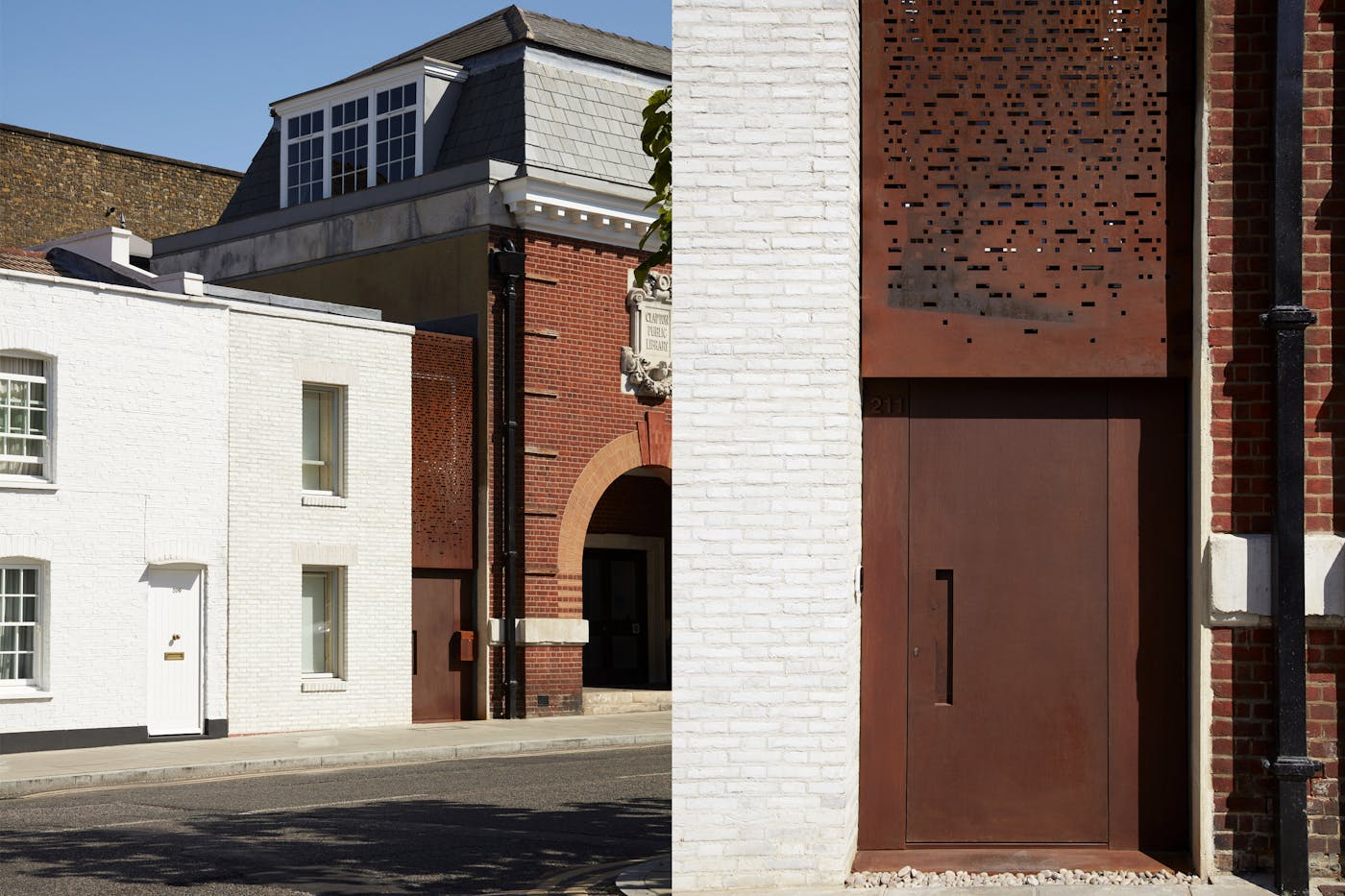 Raw corten steel door and frame with a concealed handle